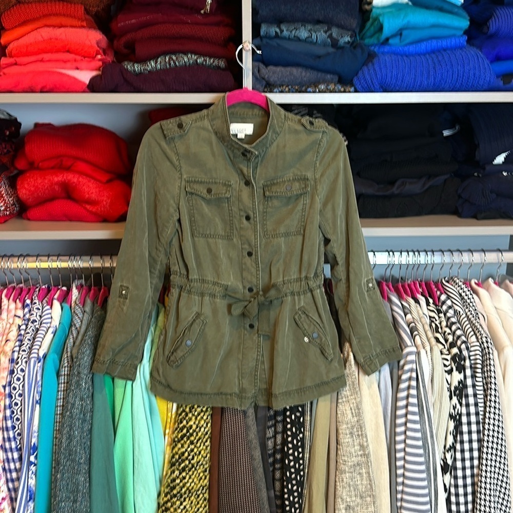 Loft olive cargo long sleeve cinch waist tie jacket size XSP